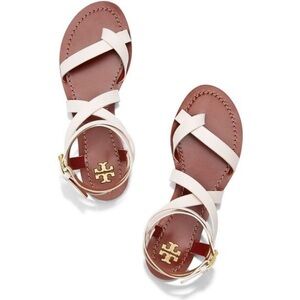 Tory Burch White Brown Sandals Gladiator Ankle Wrap Designer Leather Shoes Sz 9